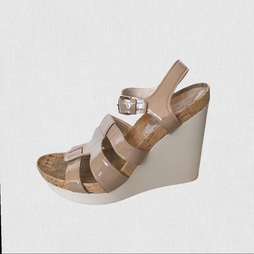 Coach Nude Patent Leather Sandals Wedges Shoes